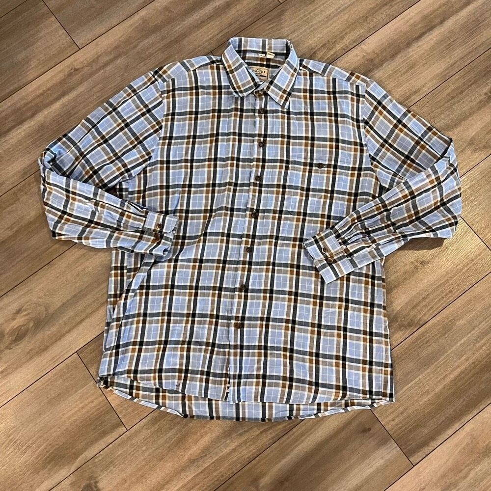 Haupt Mens Blue Brown Plaid‎ Button Down Shirt Size L 16.5 Long Sleeve Bin H-24
